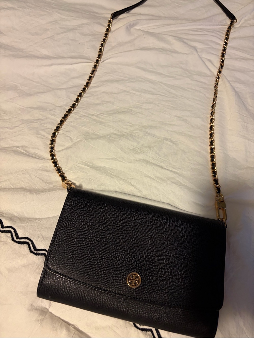 Tory Burch Black Leather Crossbody with Gold Chain Strap